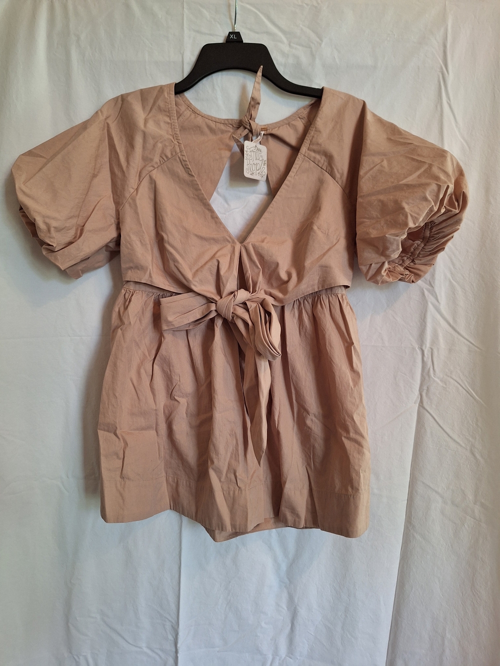 Free People Evie BlushPink Short Puff Sleeve Peplum Tie Top Keyhole Back Size S